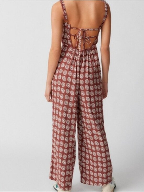 Ecote by Urban Outfitter Pants - Ecote Urban Outfitters Floral Wide Leg Jumpsuit Size M Linen Blend Lace Back